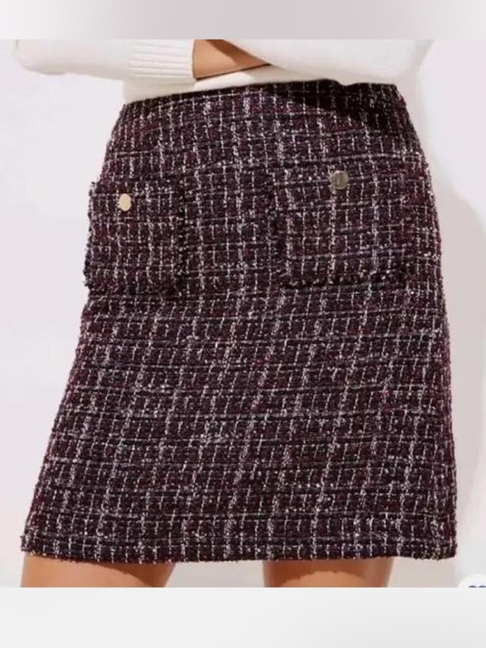 LOFT Plum Boucle Tweed Pencil Mini Skirt with Gold Buttons